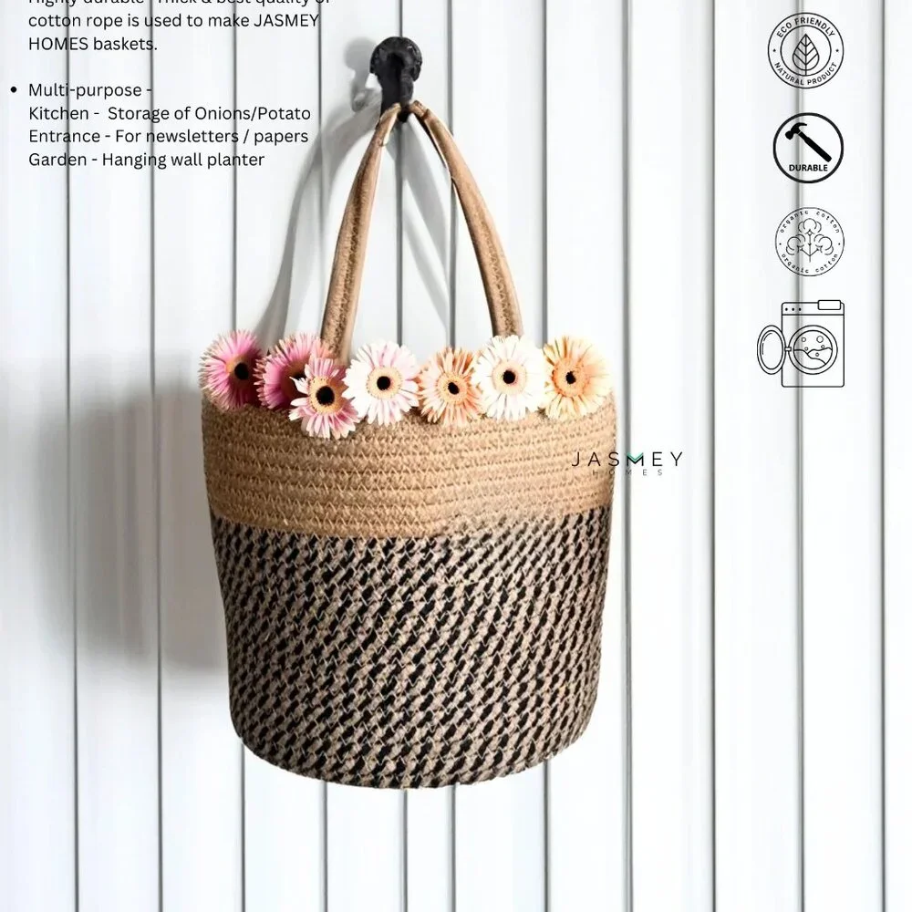 Set of 2 Rope Hanging Baskets | Woven Storage | Black & Beige | NWT